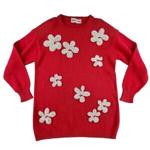 HANALEI | Vintage 90s M Red Pearl Floral Christmas Holiday Sweater Mini Dress